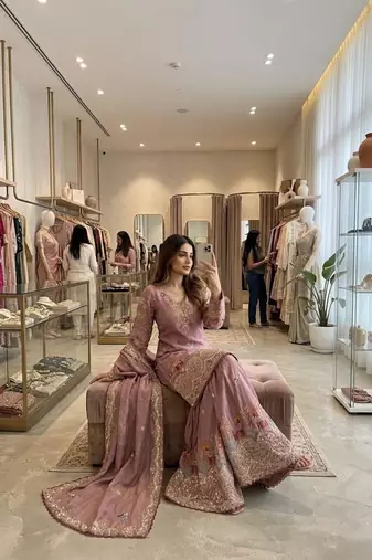 Onion pink silk blend embroidered sharara set