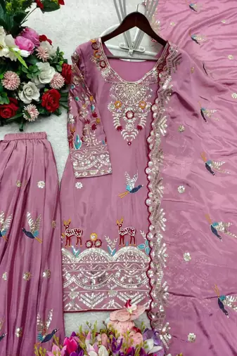 Onion pink silk blend embroidered sharara set