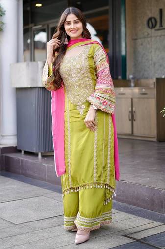 Parrot green silk blend embroidered palazzo set