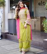 Parrot green silk blend embroidered palazzo set