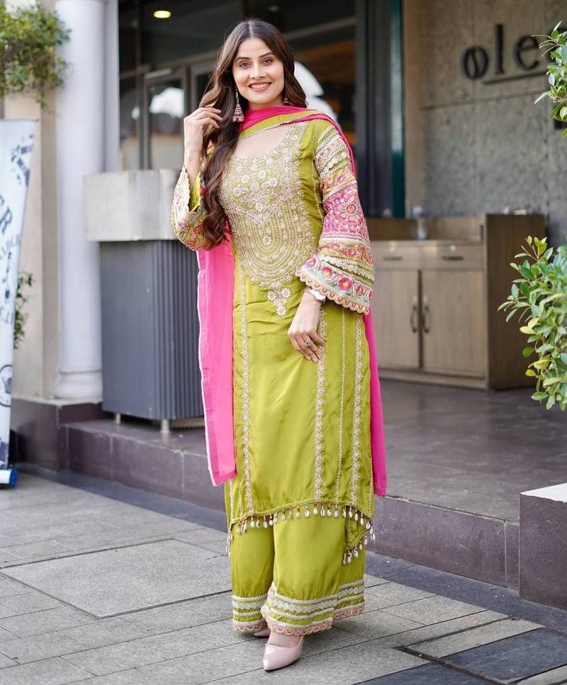 Parrot green silk blend embroidered palazzo set
