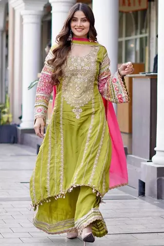Parrot green silk blend embroidered palazzo set