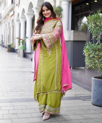 Parrot green silk blend embroidered palazzo set 3