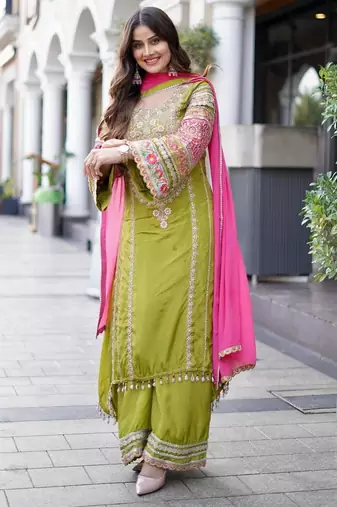 Parrot green silk blend embroidered palazzo set