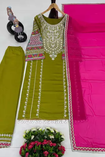 Parrot green silk blend embroidered palazzo set