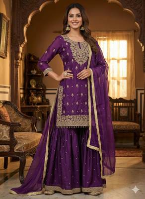 Purple silk blend embroidered sharara set 1