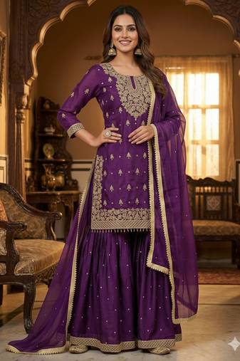 Purple silk blend embroidered sharara set