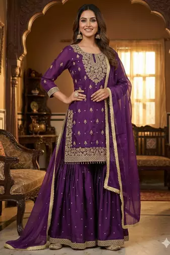 Purple silk blend embroidered sharara set