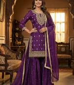 Purple silk blend embroidered sharara set