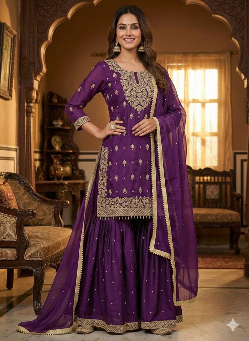 Purple silk blend embroidered sharara set