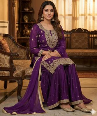 Purple silk blend embroidered sharara set 2