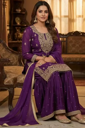 Purple silk blend embroidered sharara set