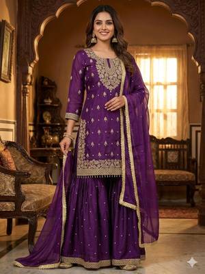 Purple silk blend embroidered sharara set 3