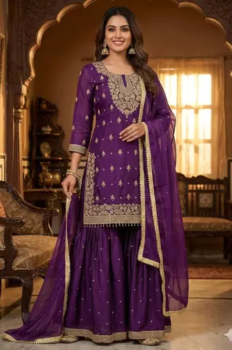 Purple silk blend embroidered sharara set