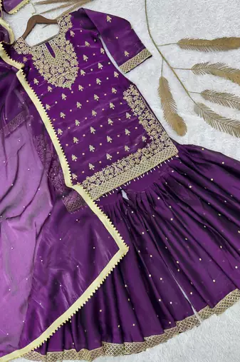 Purple silk blend embroidered sharara set