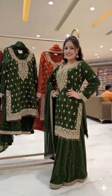 Green silk blend embroidered sharara set 1