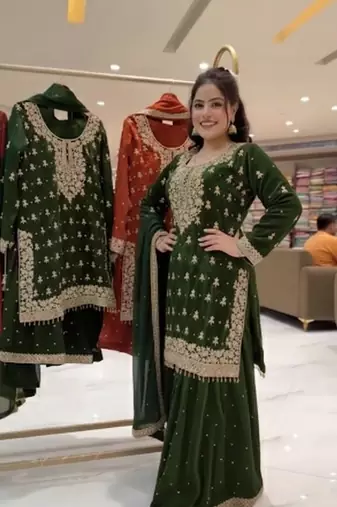 Green silk blend embroidered sharara set