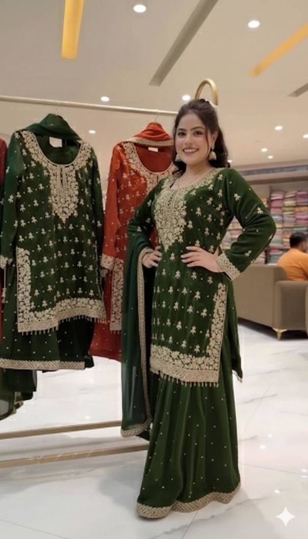 Green silk blend embroidered sharara set