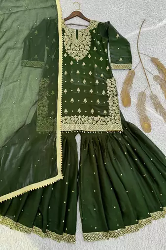 Green silk blend embroidered sharara set