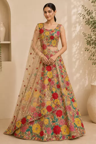 cream georgette sequin embroidered lehenga choli