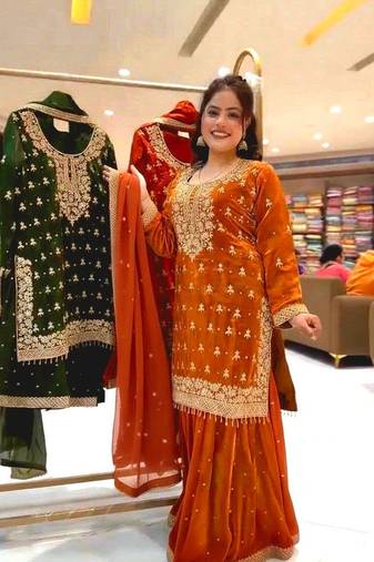 Orange silk blend embroidered sharara set