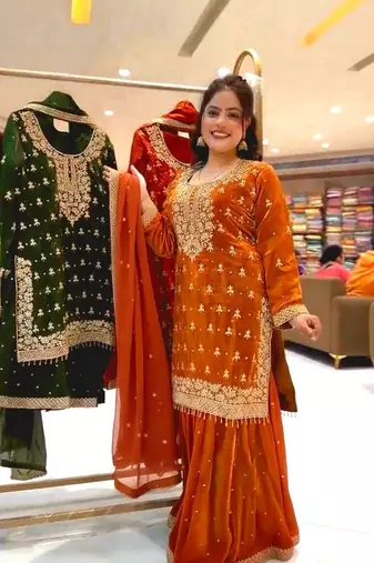 Orange silk blend embroidered sharara set