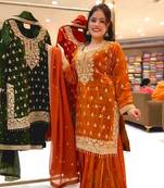 Orange silk blend embroidered sharara set