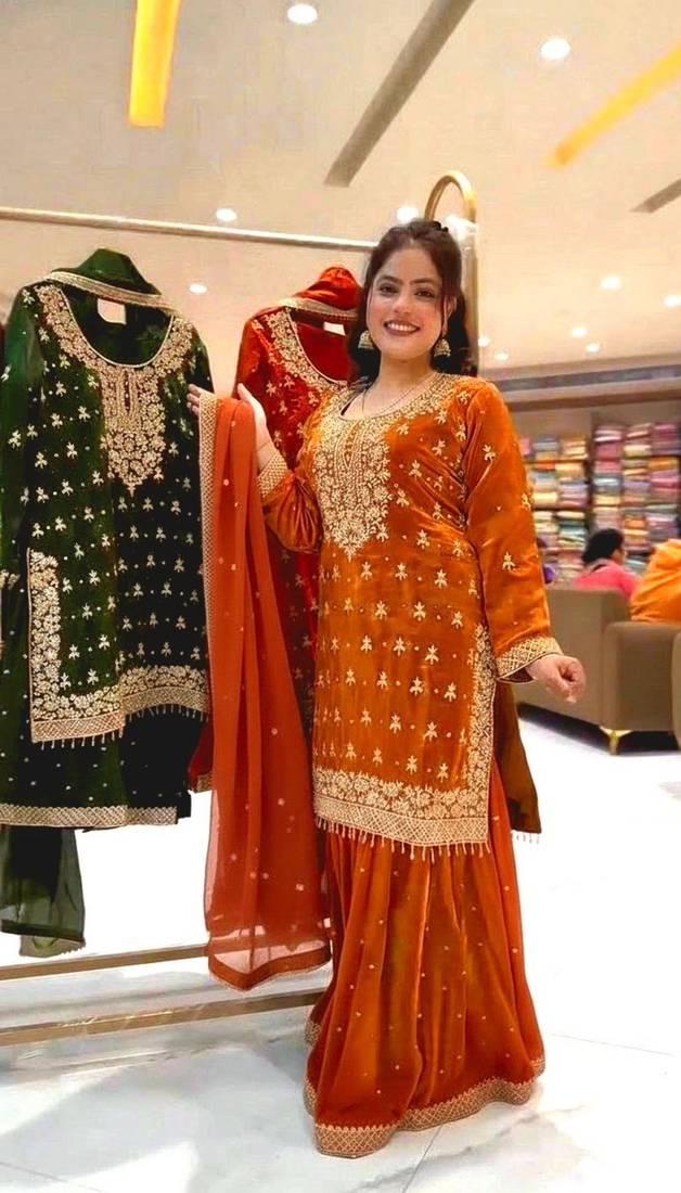 Orange silk blend embroidered sharara set