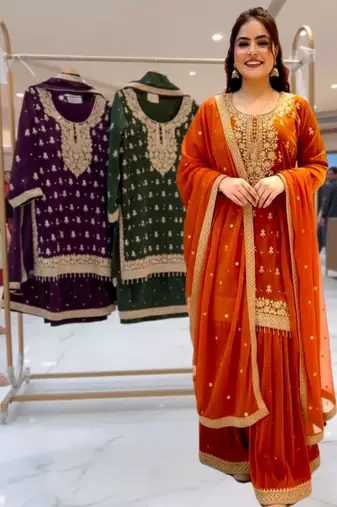 Orange silk blend embroidered sharara set