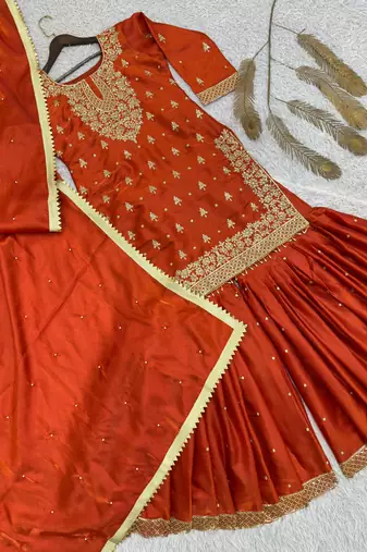 Orange silk blend embroidered sharara set