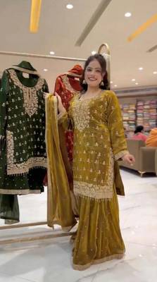 Mustard silk blend embroidered sharara set 2