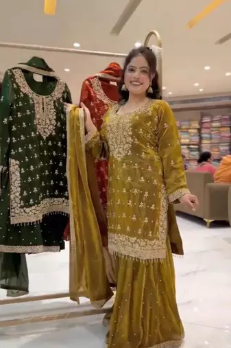 Mustard silk blend embroidered sharara set