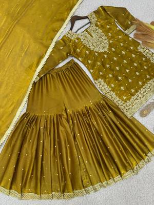 Mustard silk blend embroidered sharara set 3