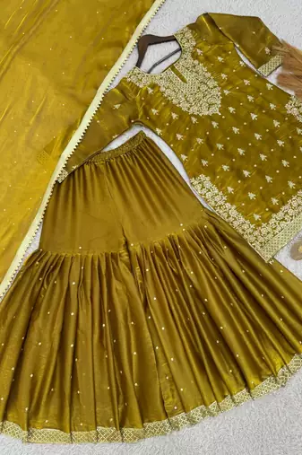 Mustard silk blend embroidered sharara set