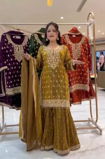Mustard silk blend embroidered sharara set