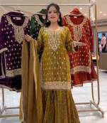 Mustard silk blend embroidered sharara set