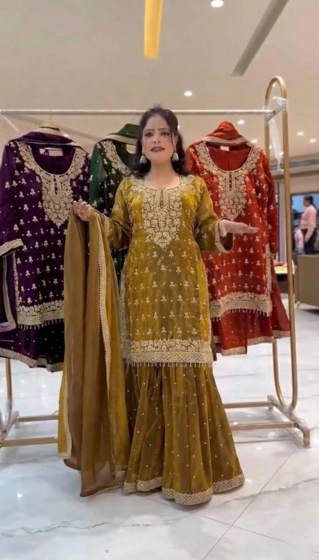 Mustard silk blend embroidered sharara set