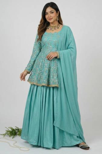 Sky blue silk blend embroidered lehenga set