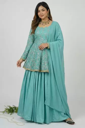 Sky blue silk blend embroidered lehenga set