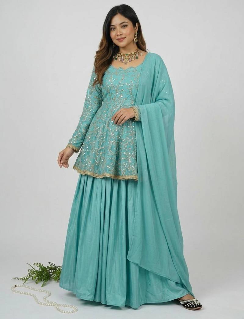Sky blue silk blend embroidered lehenga set