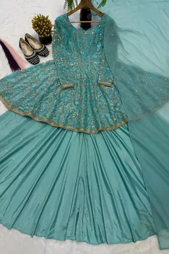 Sky blue silk blend embroidered lehenga set