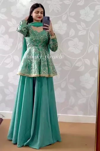Sky blue silk blend embroidered lehenga set