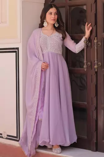 Lavender georgette embroidered gown set