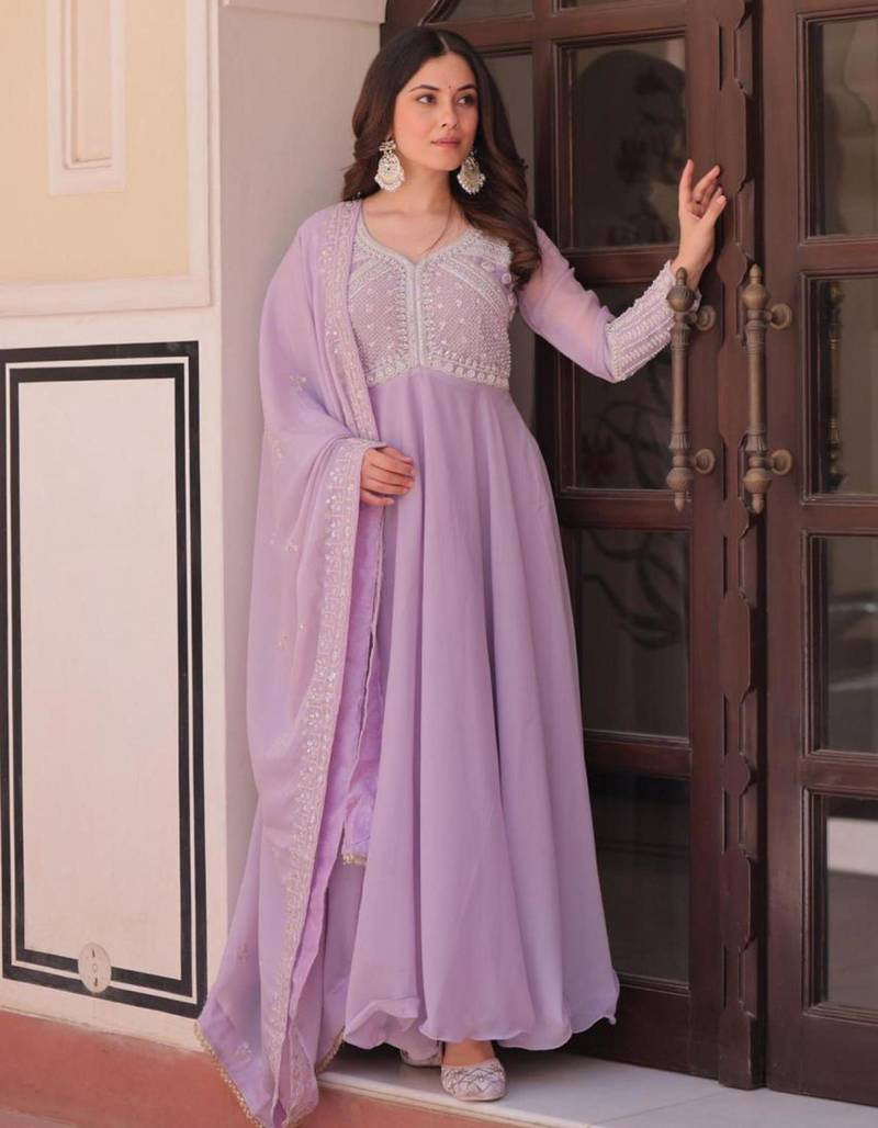 Lavender georgette embroidered gown set