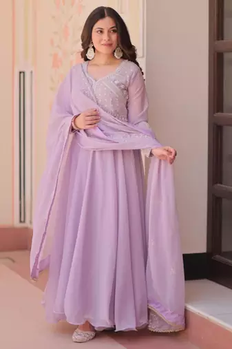Lavender georgette embroidered gown set