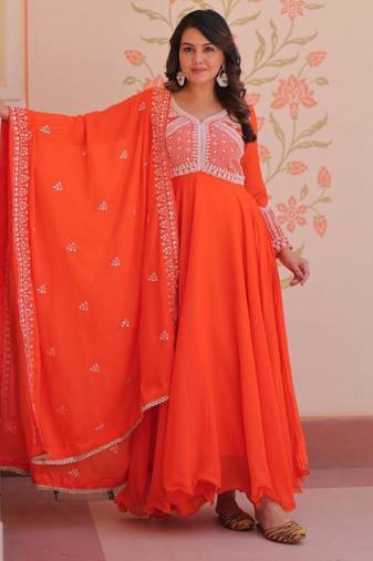 Orange georgette embroidered gown set