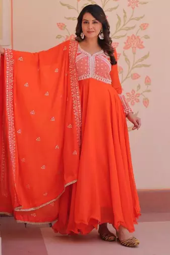 Orange georgette embroidered gown set