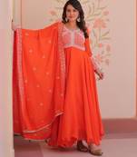 Orange georgette embroidered gown set
