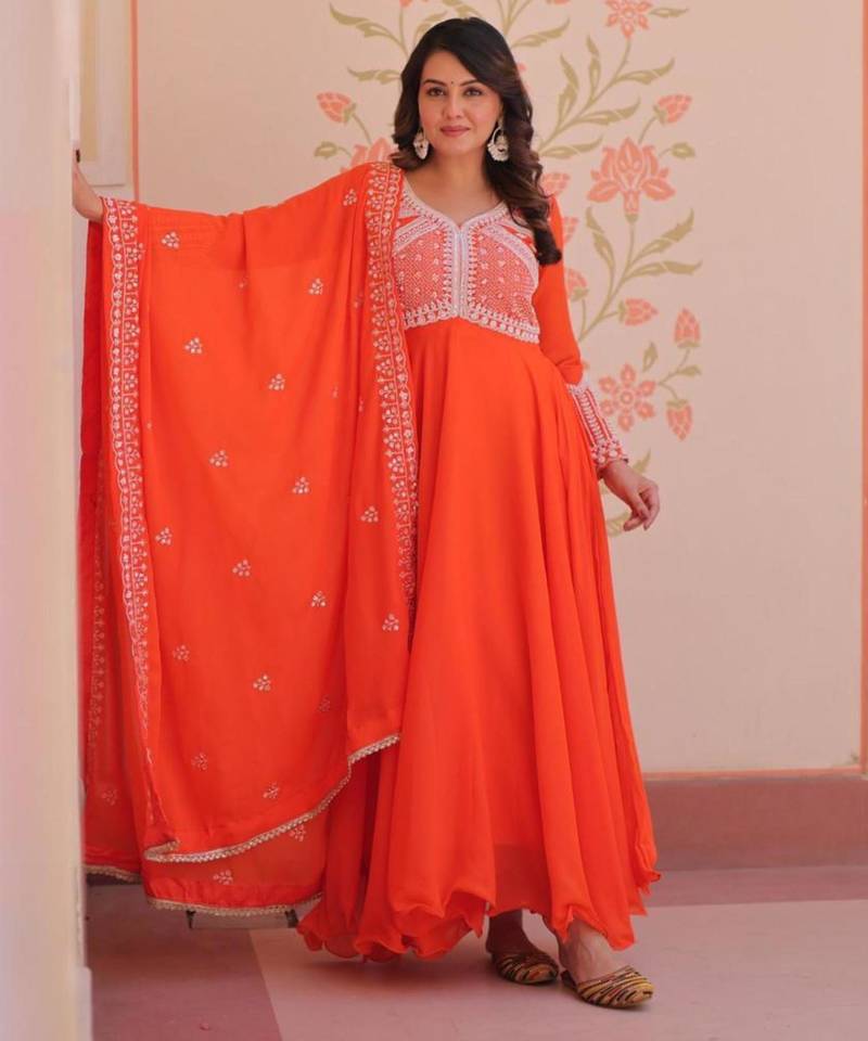 Orange georgette embroidered gown set