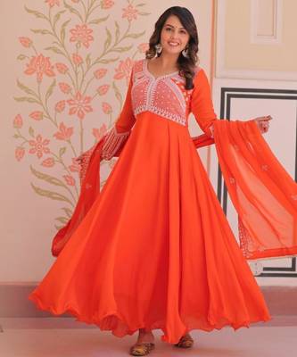 Orange georgette embroidered gown set 2